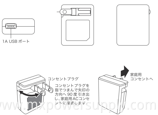 OEM 5V 1A 1000mA flat jp usb wall charger with folding plug PSE